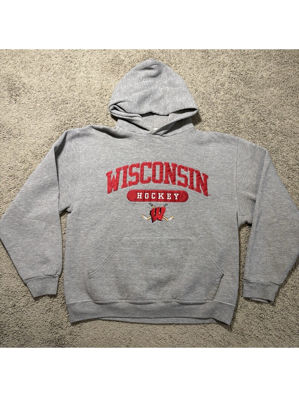 Vintage Russell Athletic Wisconsin Hockey Hoodie Sweatshirt Medium Gray Badgers